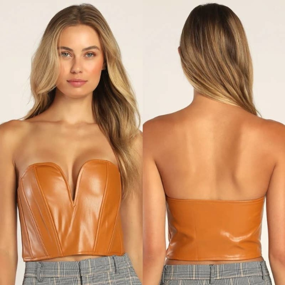 Lulus NWT Fierce Favorite Vegan Leather Strapless Bustier Crop Top Brown Size S